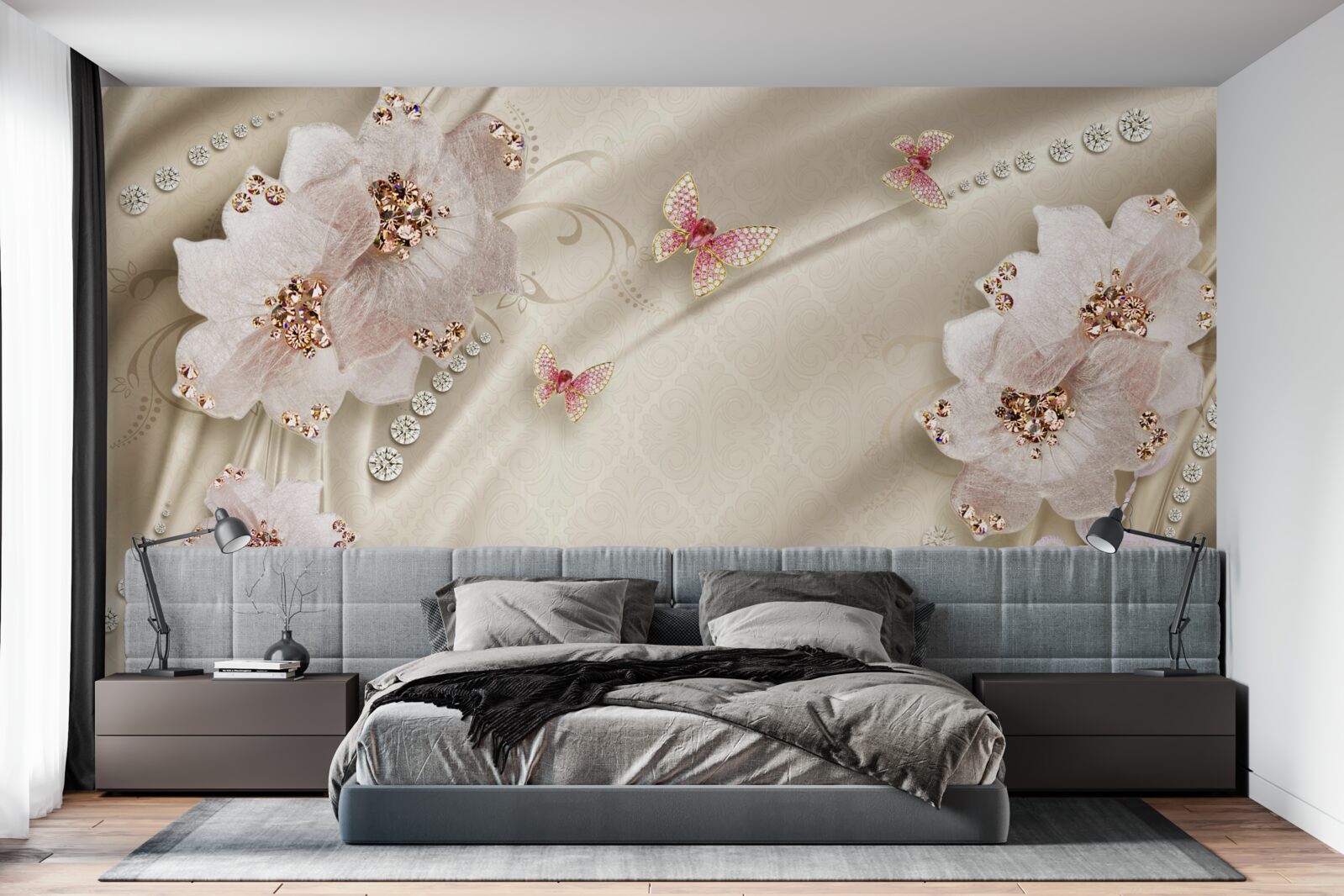 Fototapeten Seidenschmetterlinge und schneebedeckte Blumen vorsichtig dekorieren