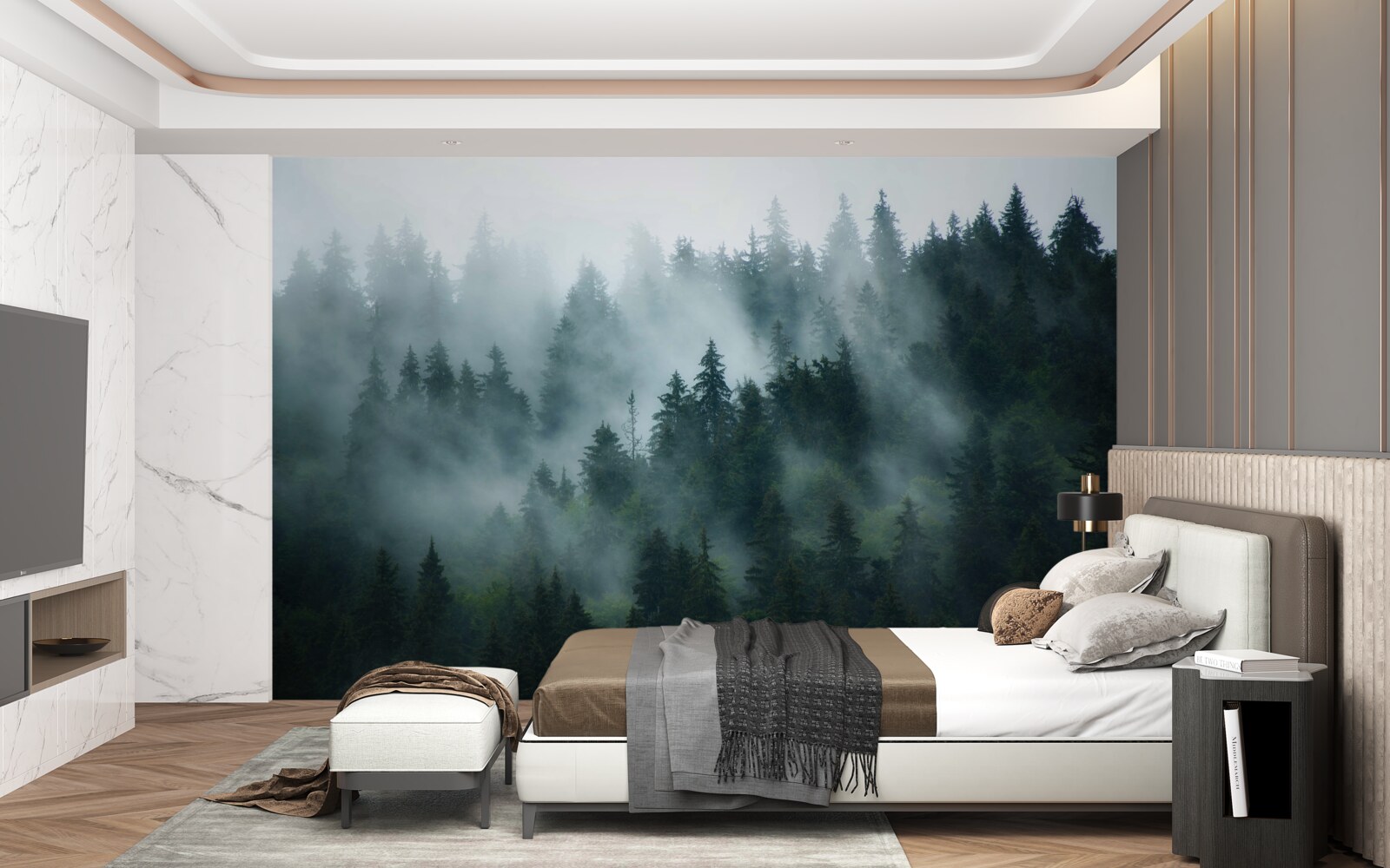 Fototapeten Nebel lauert in den Kiefern