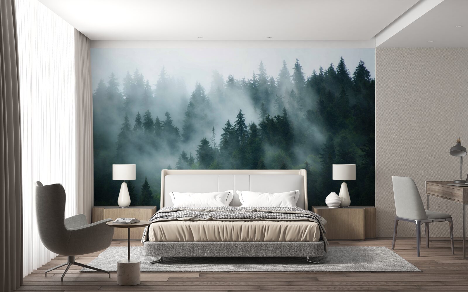 Fototapeten Nebel lauert in den Kiefern
