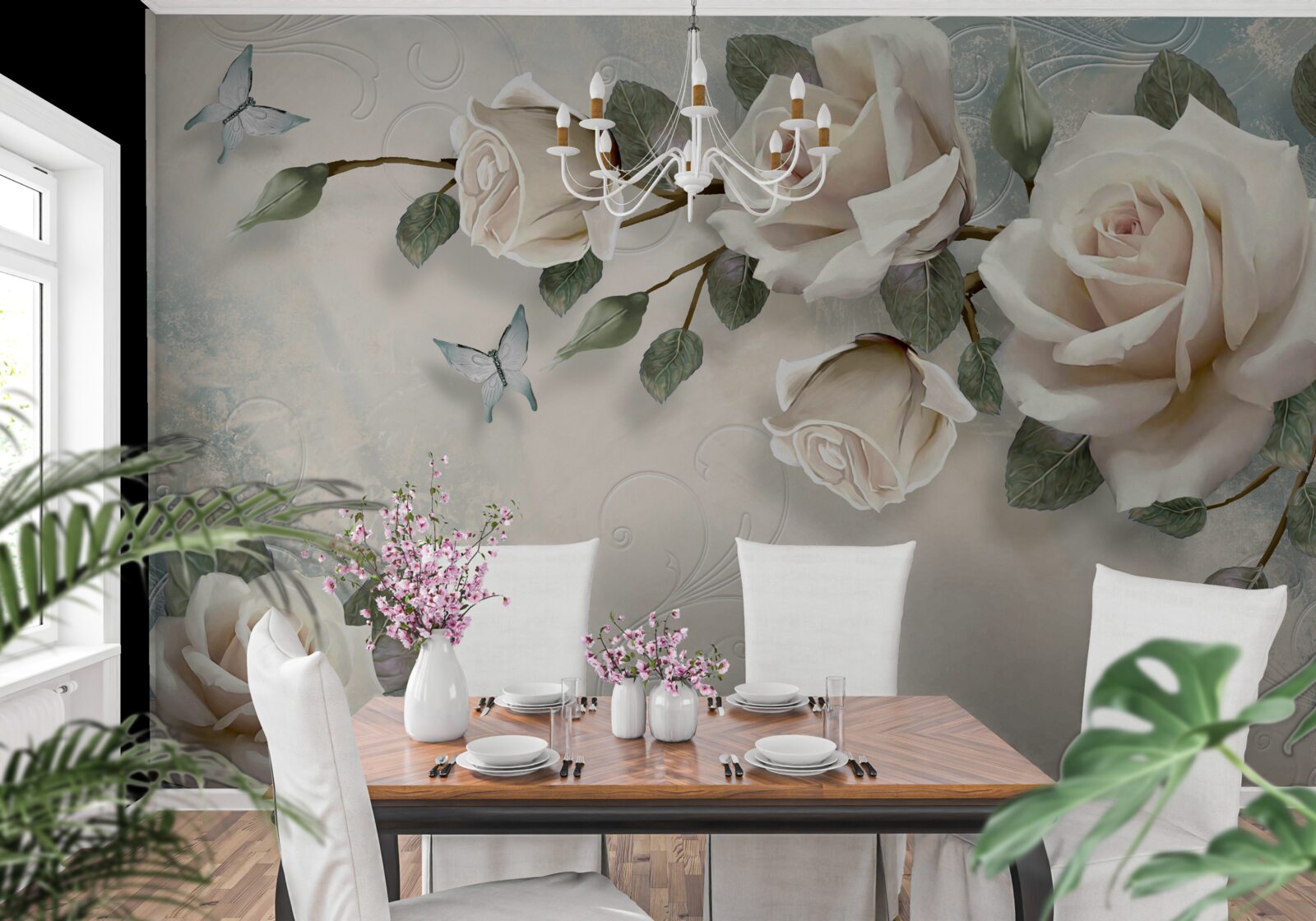Fototapeten Große Rosen hängen an der Wand