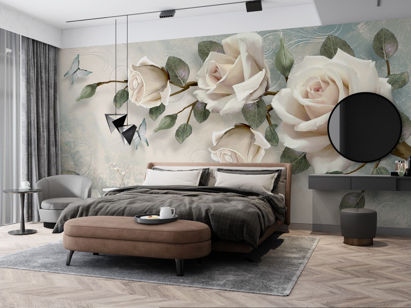 Fototapeten Große Rosen hängen an der Wand