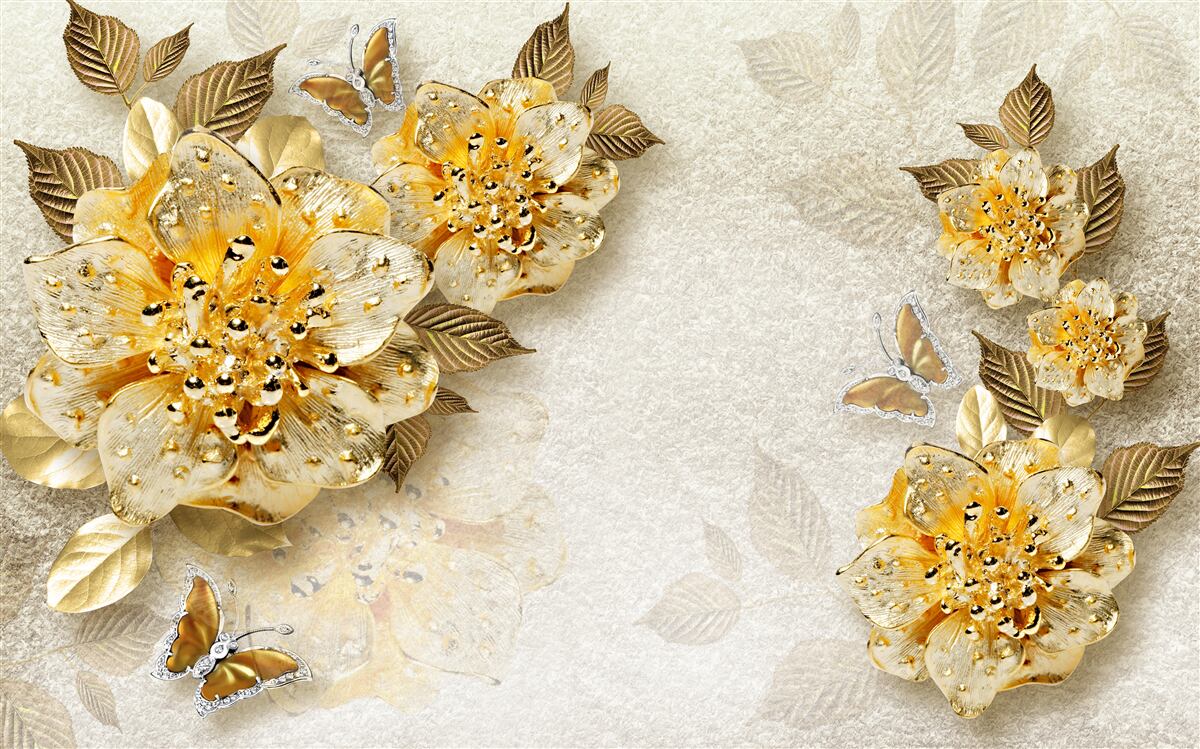 Fototapeten Goldene Blumen in 3D