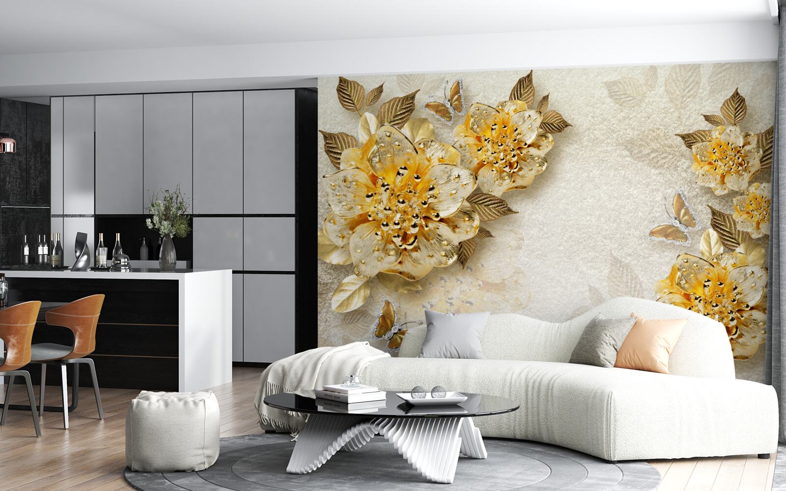 Fototapeten Goldene Blumen in 3D
