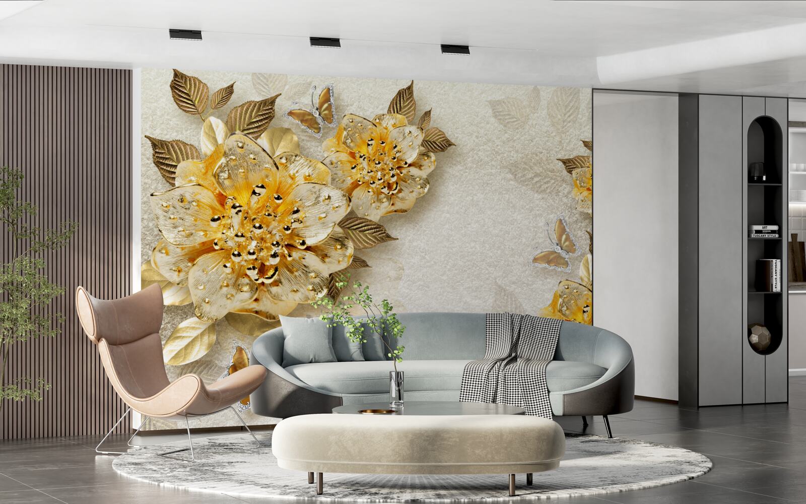 Fototapeten Goldene Blumen in 3D