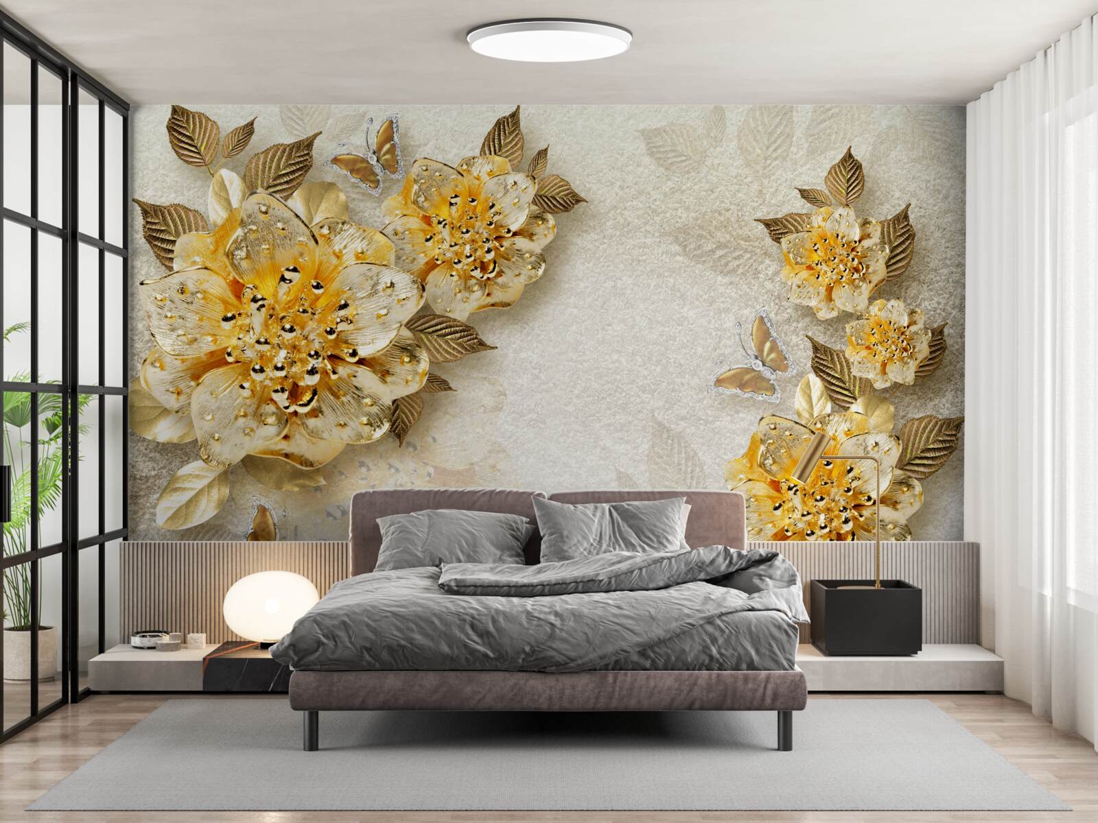 Fototapeten Goldene Blumen in 3D
