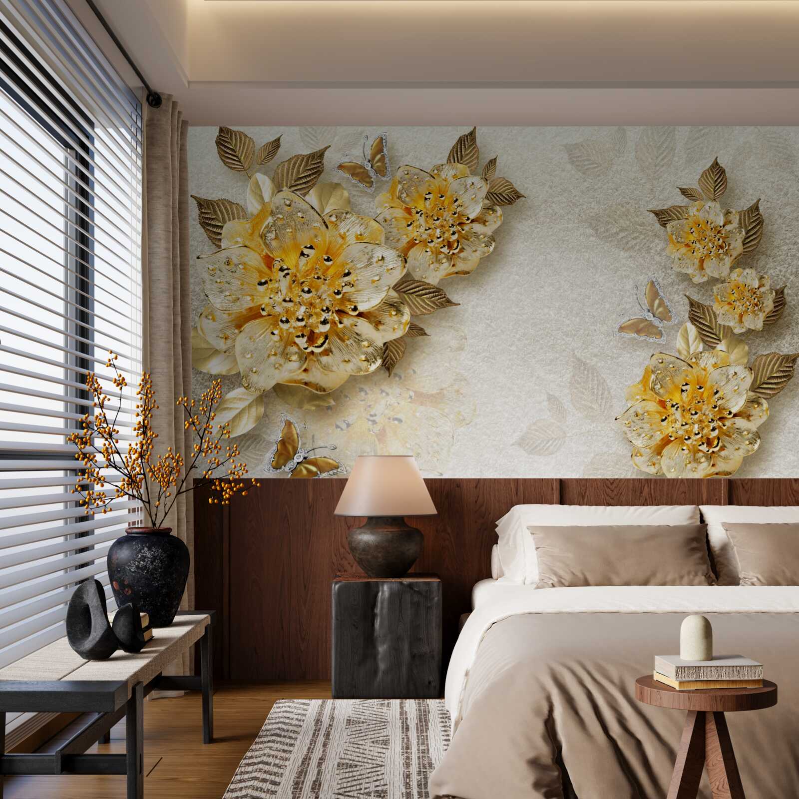 Fototapeten Goldene Blumen in 3D