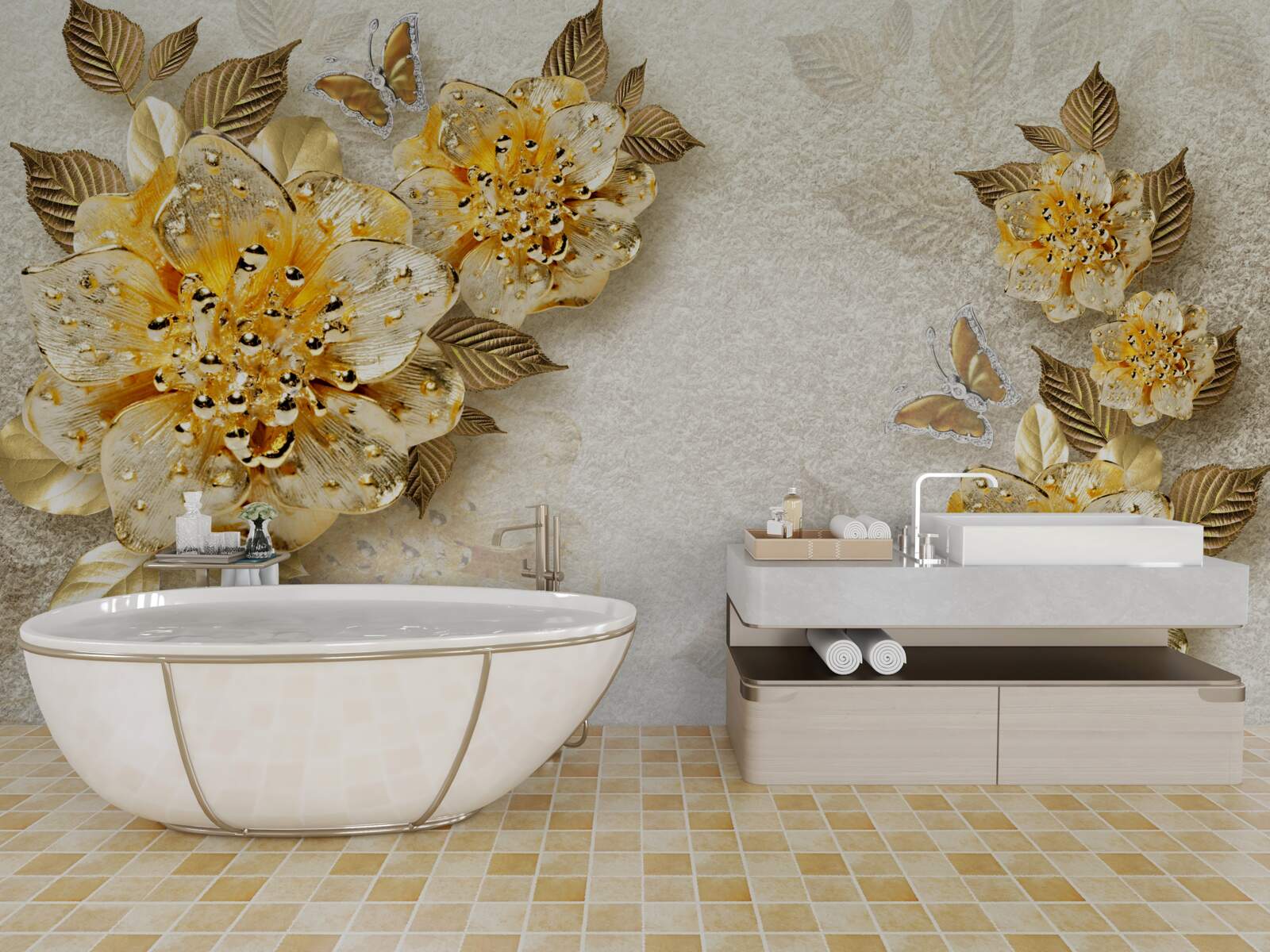 Fototapeten Goldene Blumen in 3D