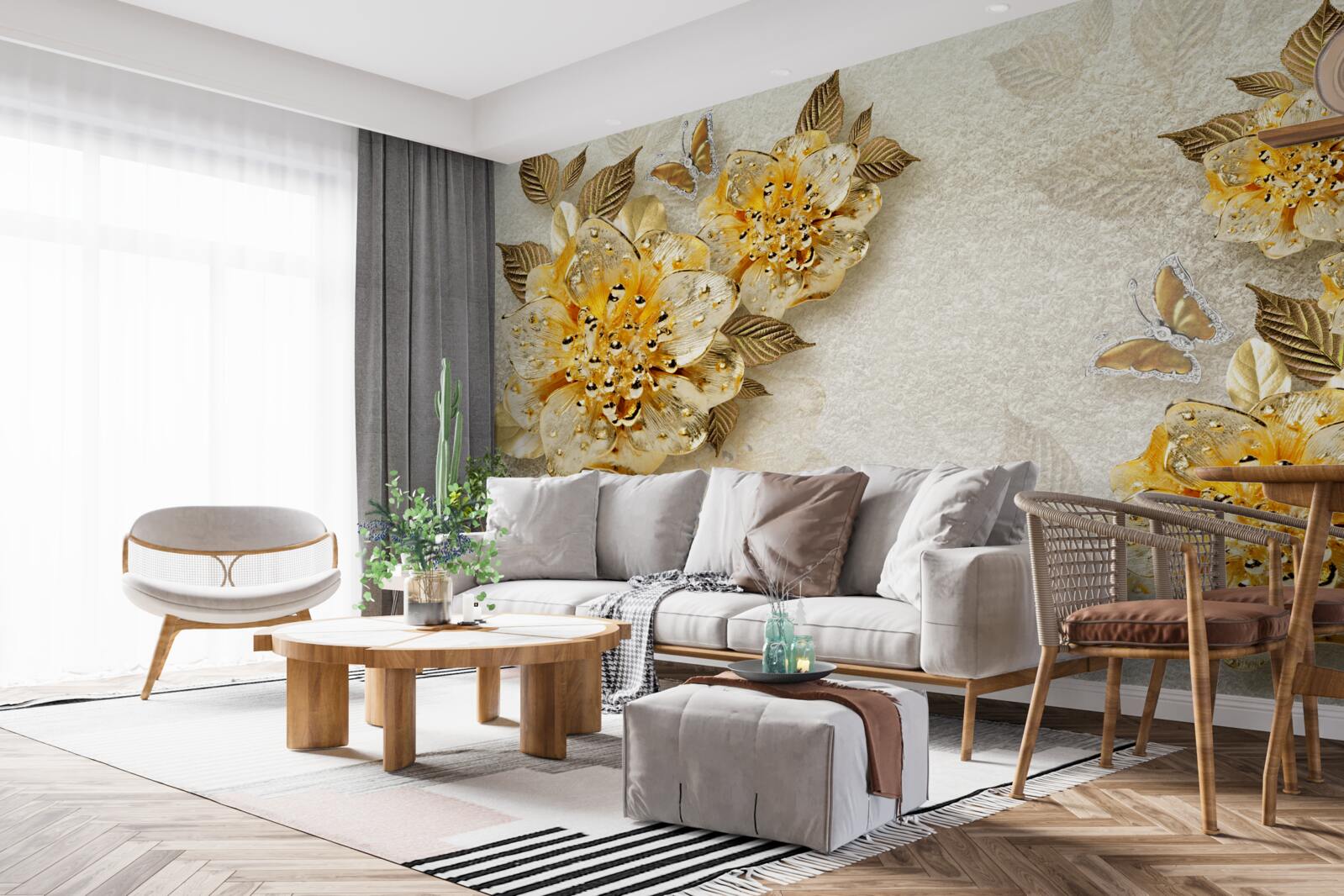 Fototapeten Goldene Blumen in 3D