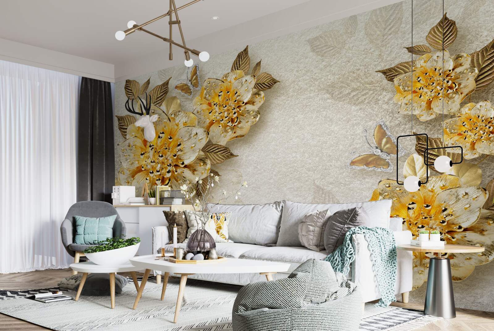 Fototapeten Goldene Blumen in 3D
