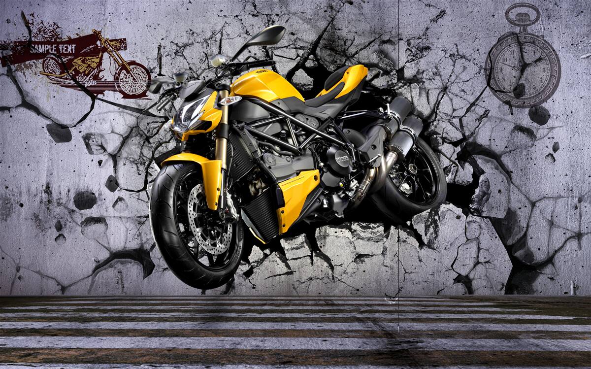 Fototapeten Gelb, Auto und Motorrad