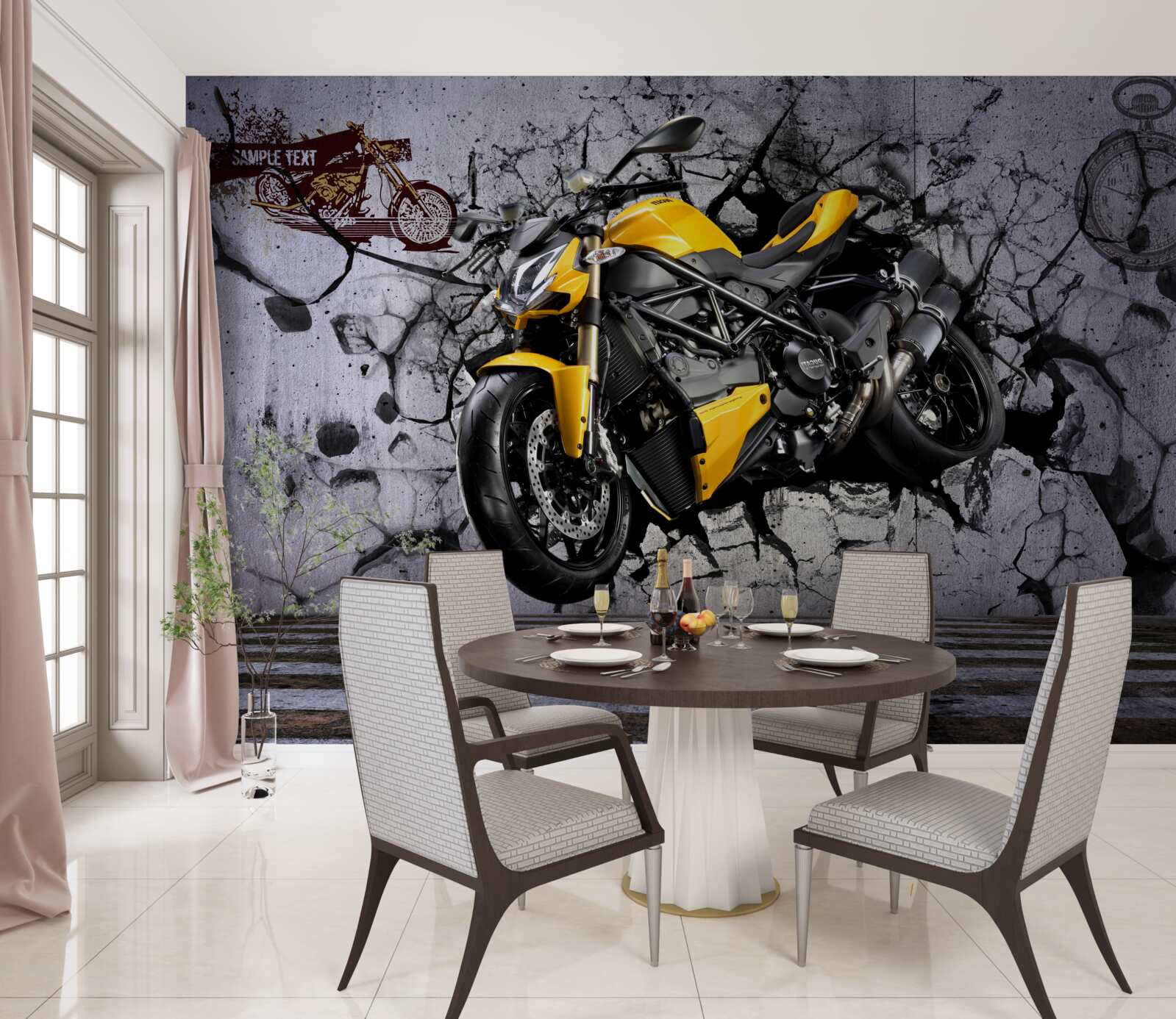 Fototapeten Gelb, Auto und Motorrad