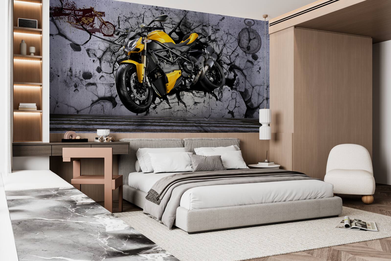 Fototapeten Gelb, Auto und Motorrad