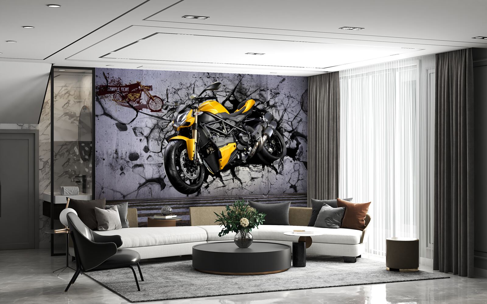 Fototapeten Gelb, Auto und Motorrad