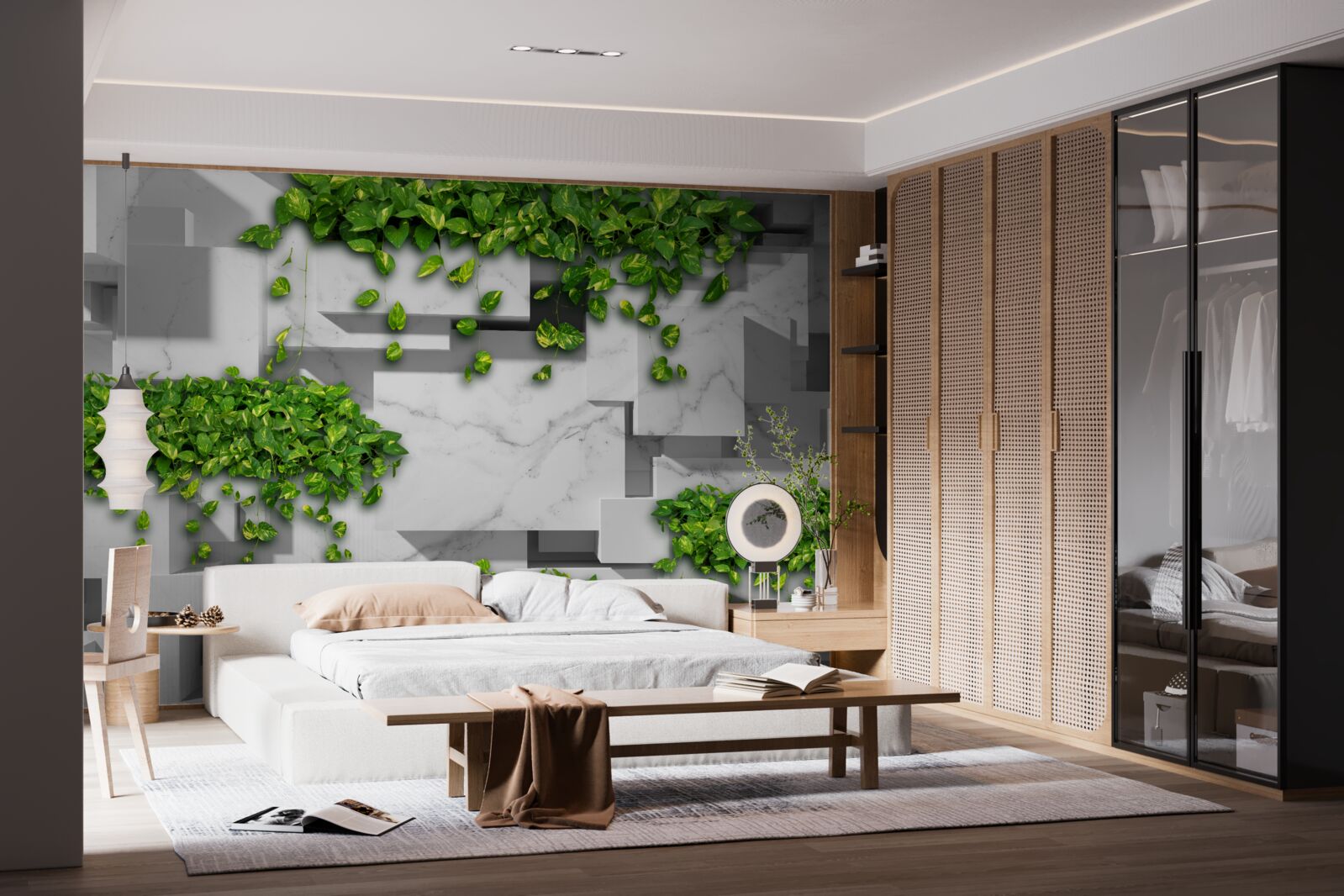 Fototapeten Blumentopf, grüne Wand und Vegetation