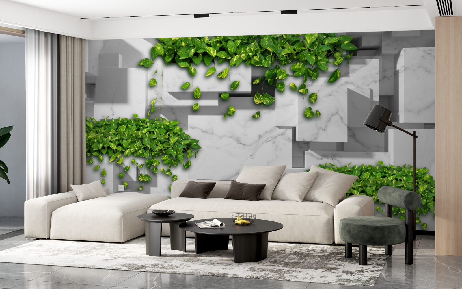 Fototapeten Blumentopf, grüne Wand und Vegetation