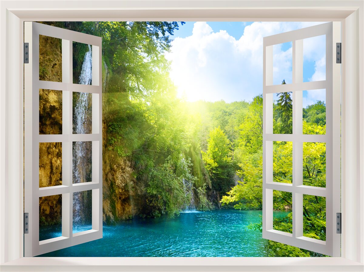 Fototapeten Naturlandschaft außerhalb des Fensters und ein durchdringender Entwurf sichtbar