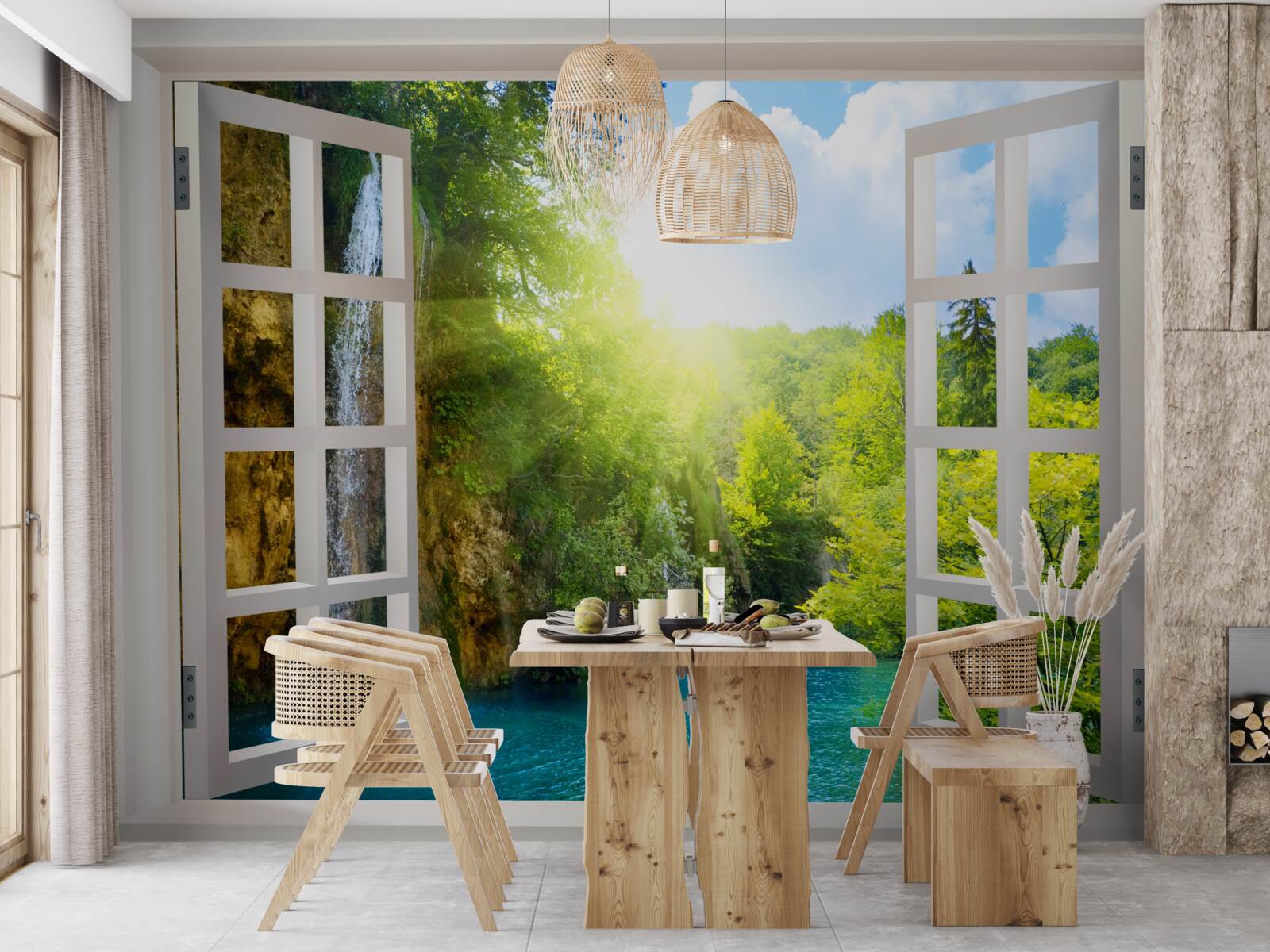 Fototapeten Naturlandschaft außerhalb des Fensters und ein durchdringender Entwurf sichtbar