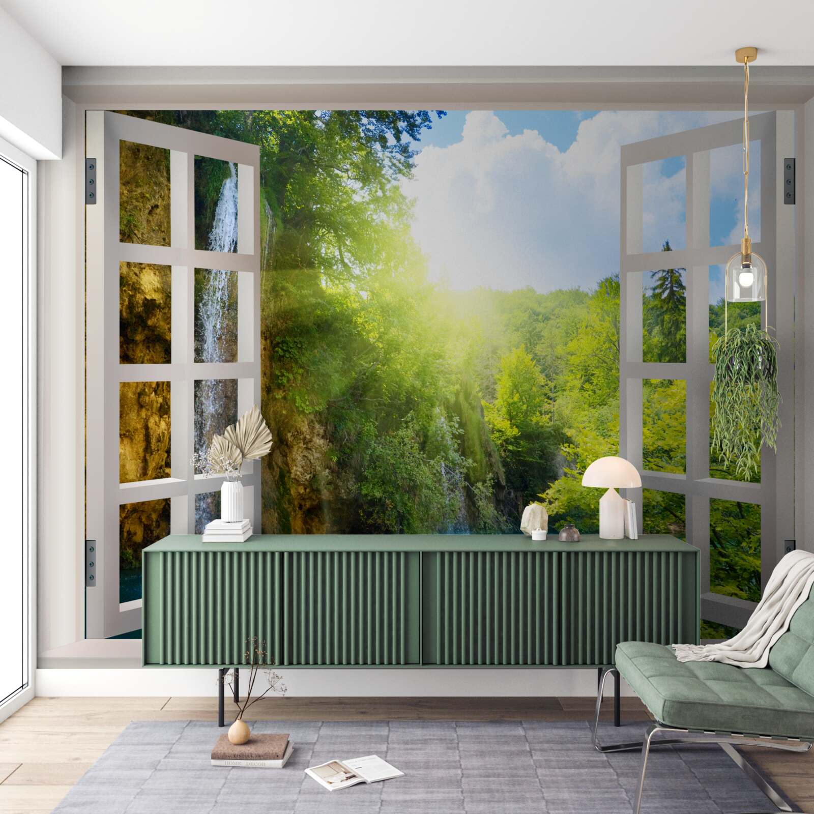Fototapeten Naturlandschaft außerhalb des Fensters und ein durchdringender Entwurf sichtbar