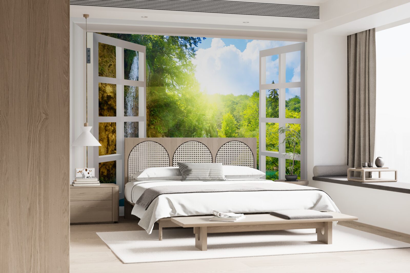 Fototapeten Naturlandschaft außerhalb des Fensters und ein durchdringender Entwurf sichtbar