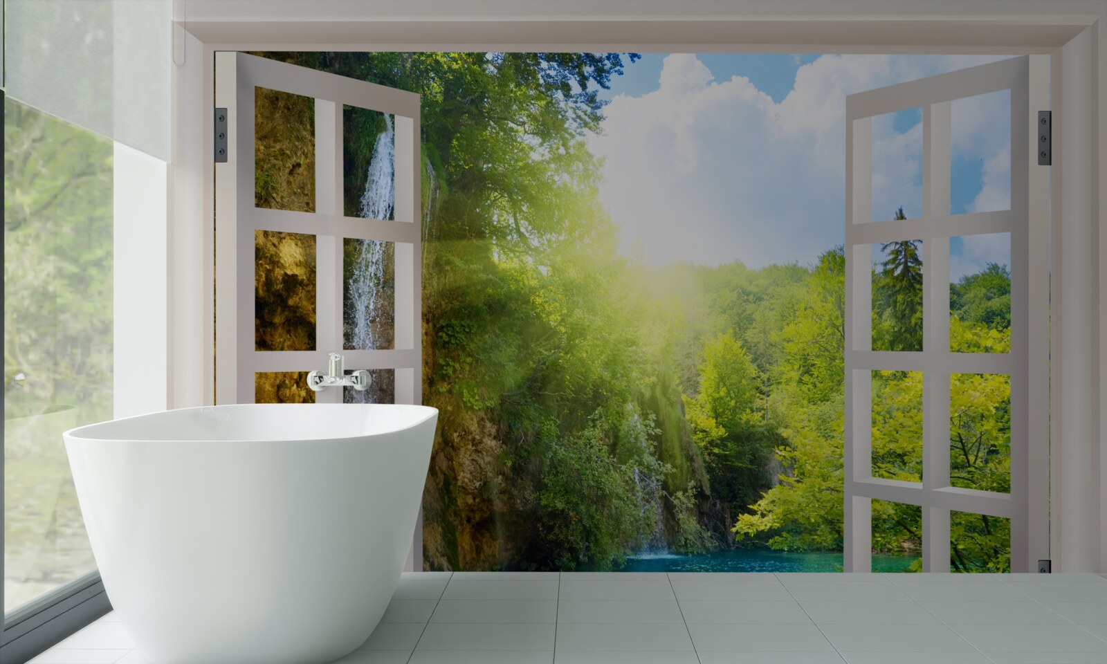 Fototapeten Naturlandschaft außerhalb des Fensters und ein durchdringender Entwurf sichtbar