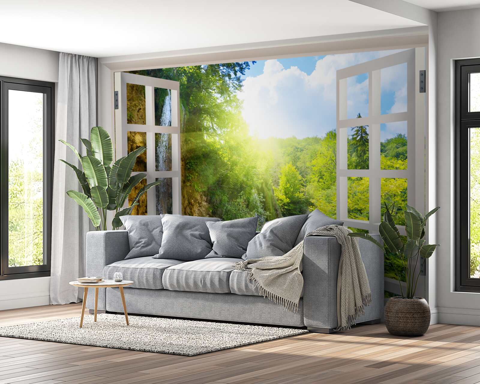 Fototapeten Naturlandschaft außerhalb des Fensters und ein durchdringender Entwurf sichtbar