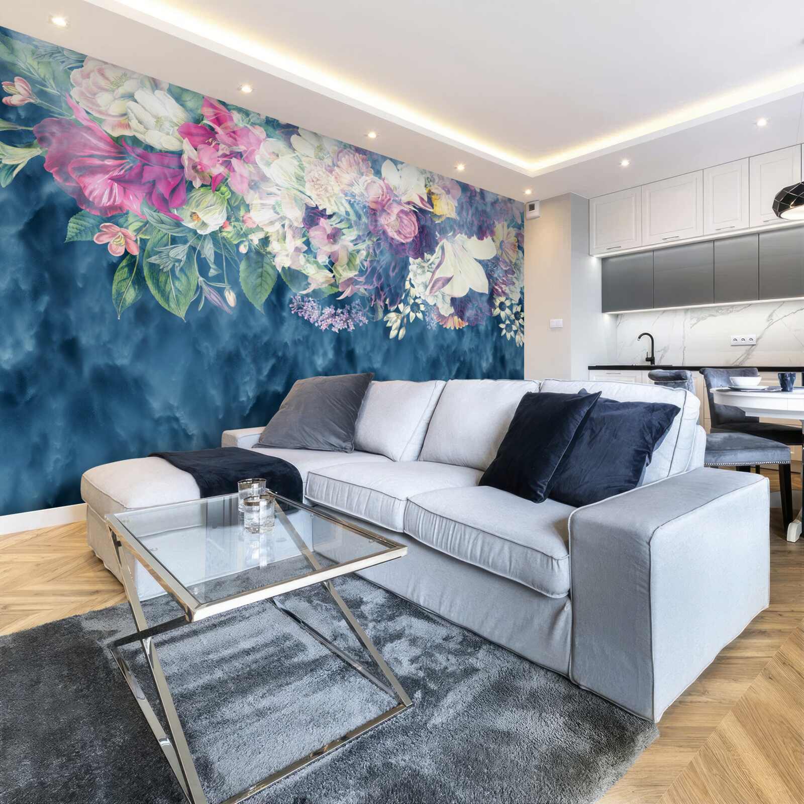 Fototapeten Wand, Sofa und blauer Schatten