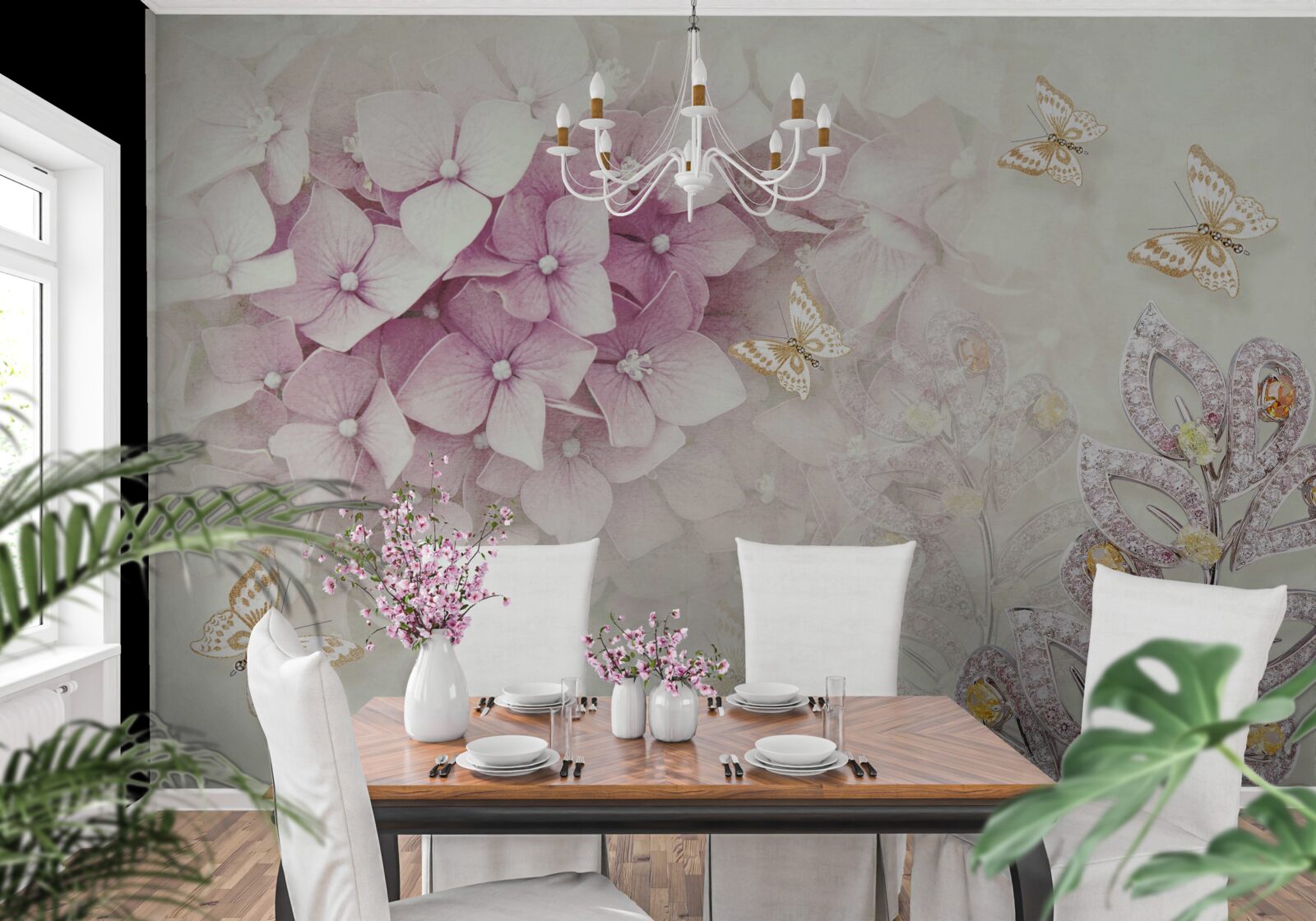 Fototapeten Schmetterlinge und Rosenknospen
