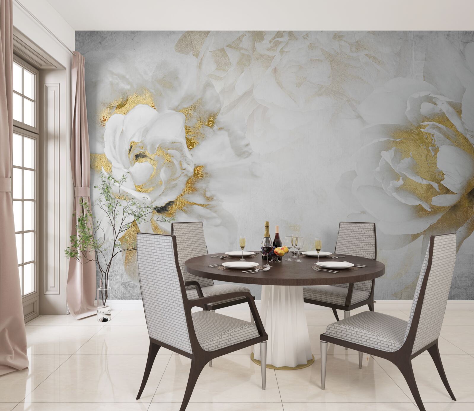 Fototapeten Weiße Blumen mit goldenen Akzenten