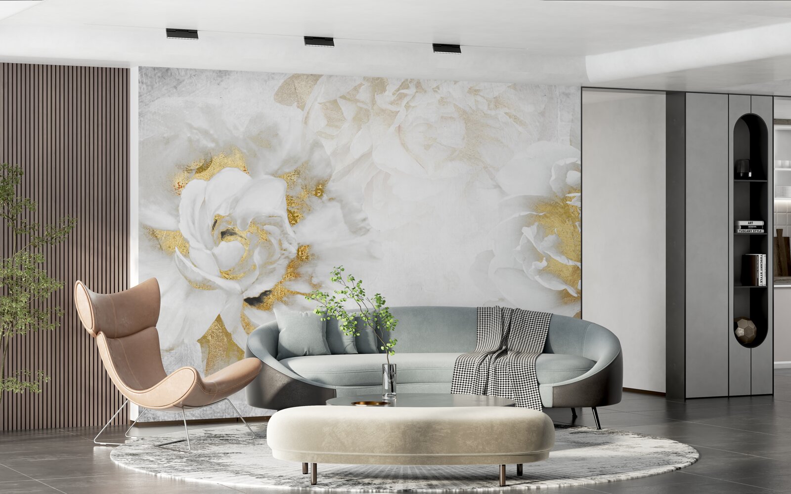 Fototapeten Weiße Blumen mit goldenen Akzenten