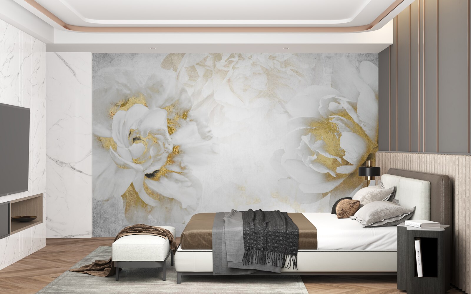 Fototapeten Weiße Blumen mit goldenen Akzenten