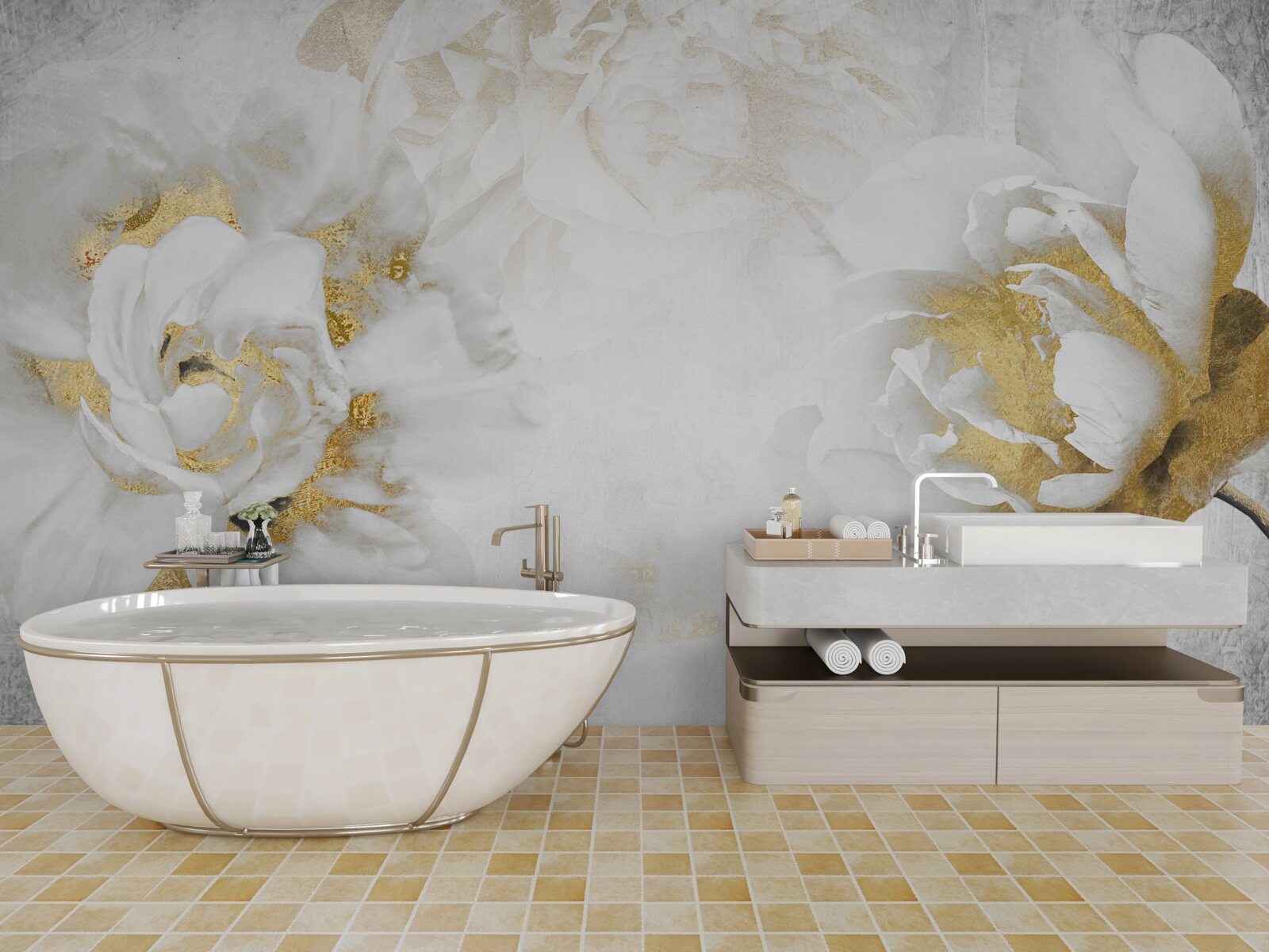 Fototapeten Weiße Blumen mit goldenen Akzenten