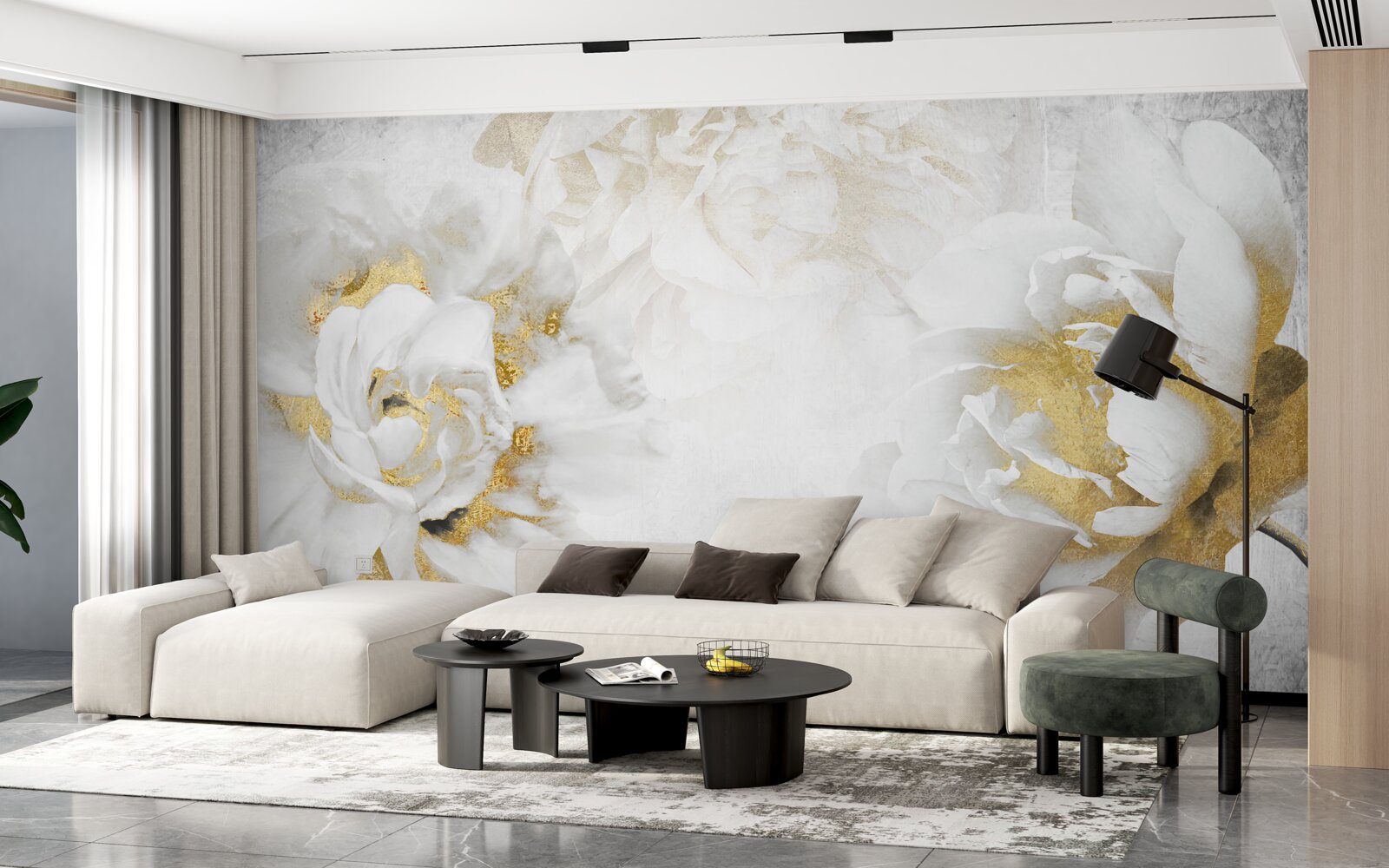 Fototapeten Weiße Blumen mit goldenen Akzenten