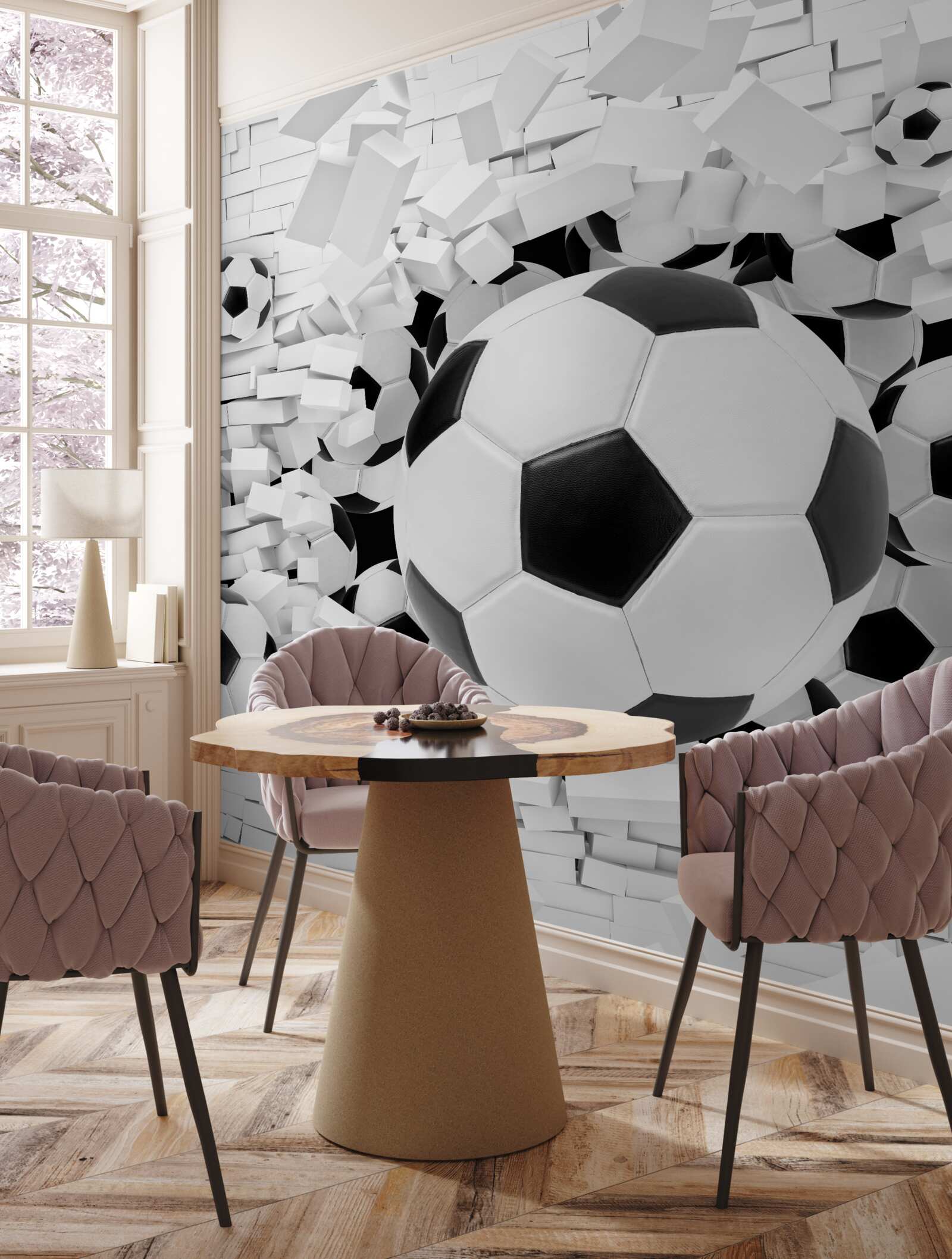 Fototapeten Der Ball durchbohrt die Wand in 3D