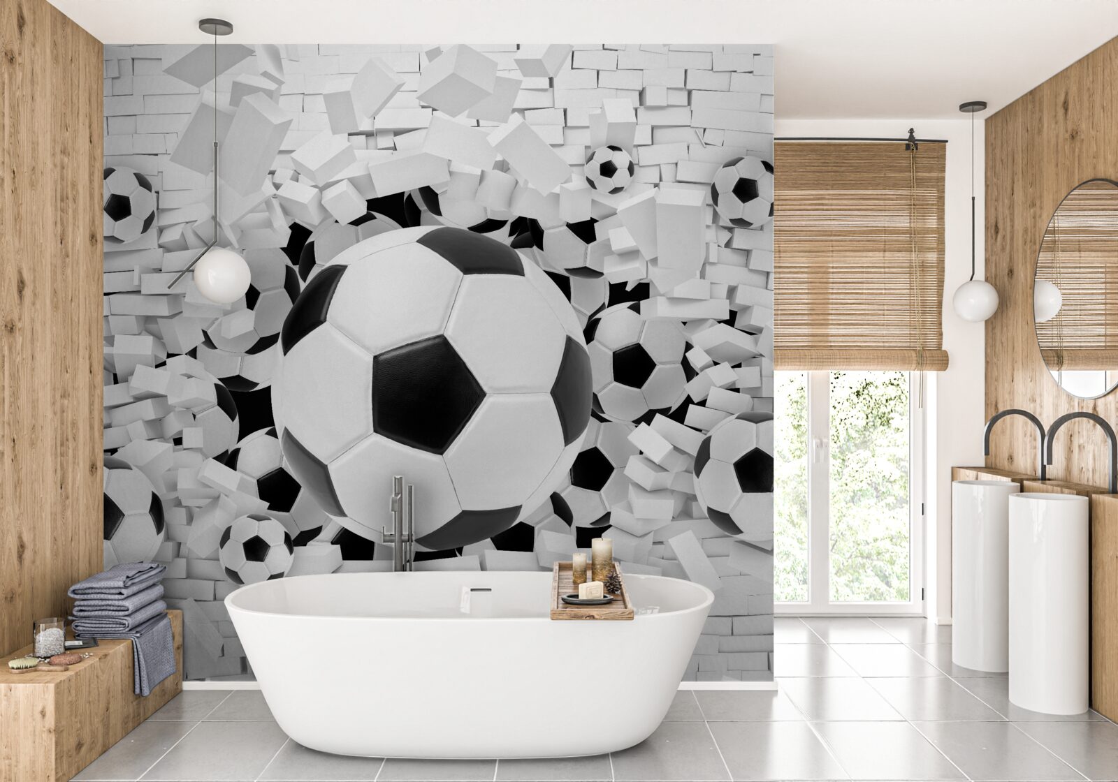 Fototapeten Der Ball durchbohrt die Wand in 3D