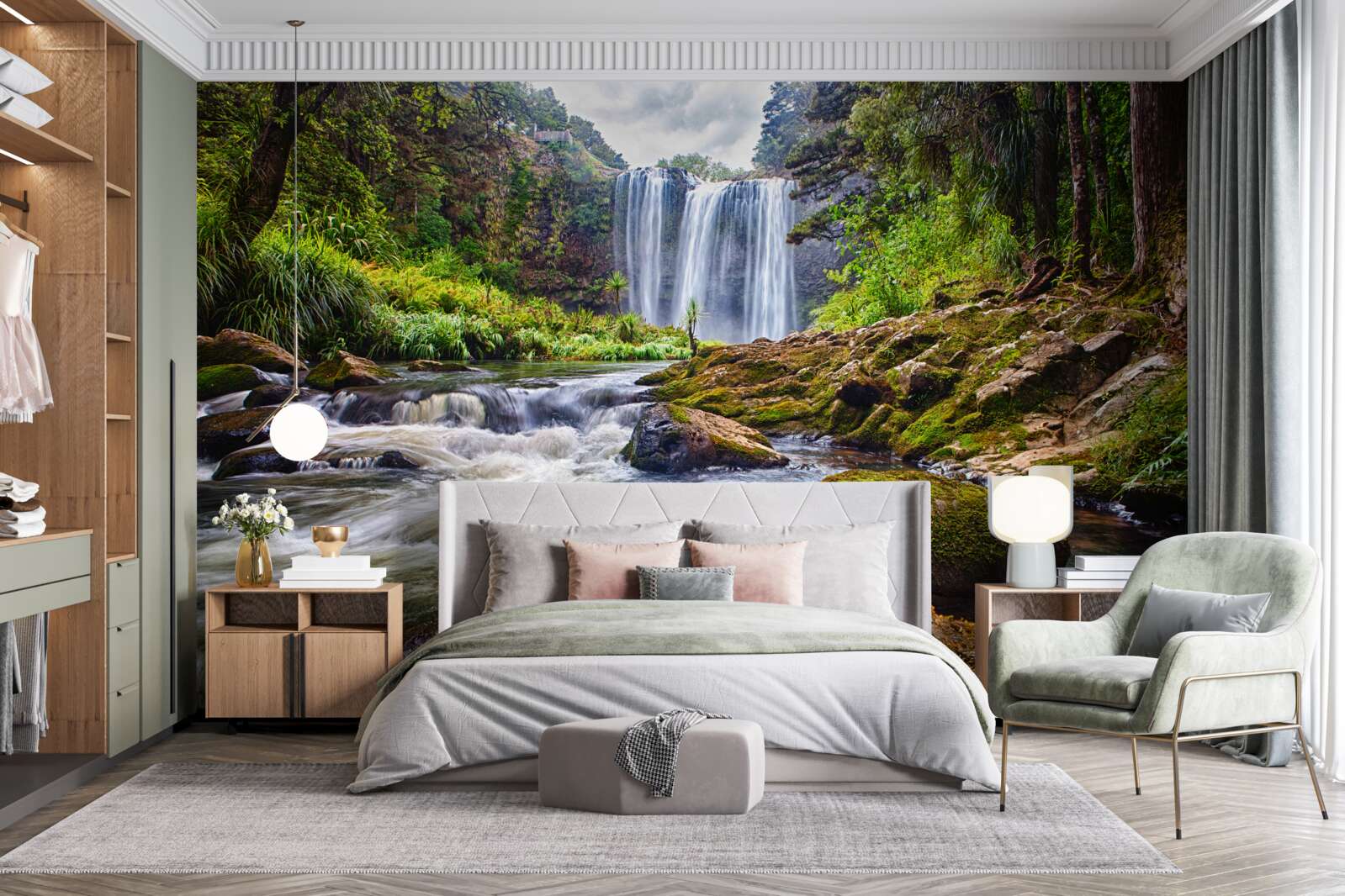 Fototapeten Grüner Wald mit Wasserfall