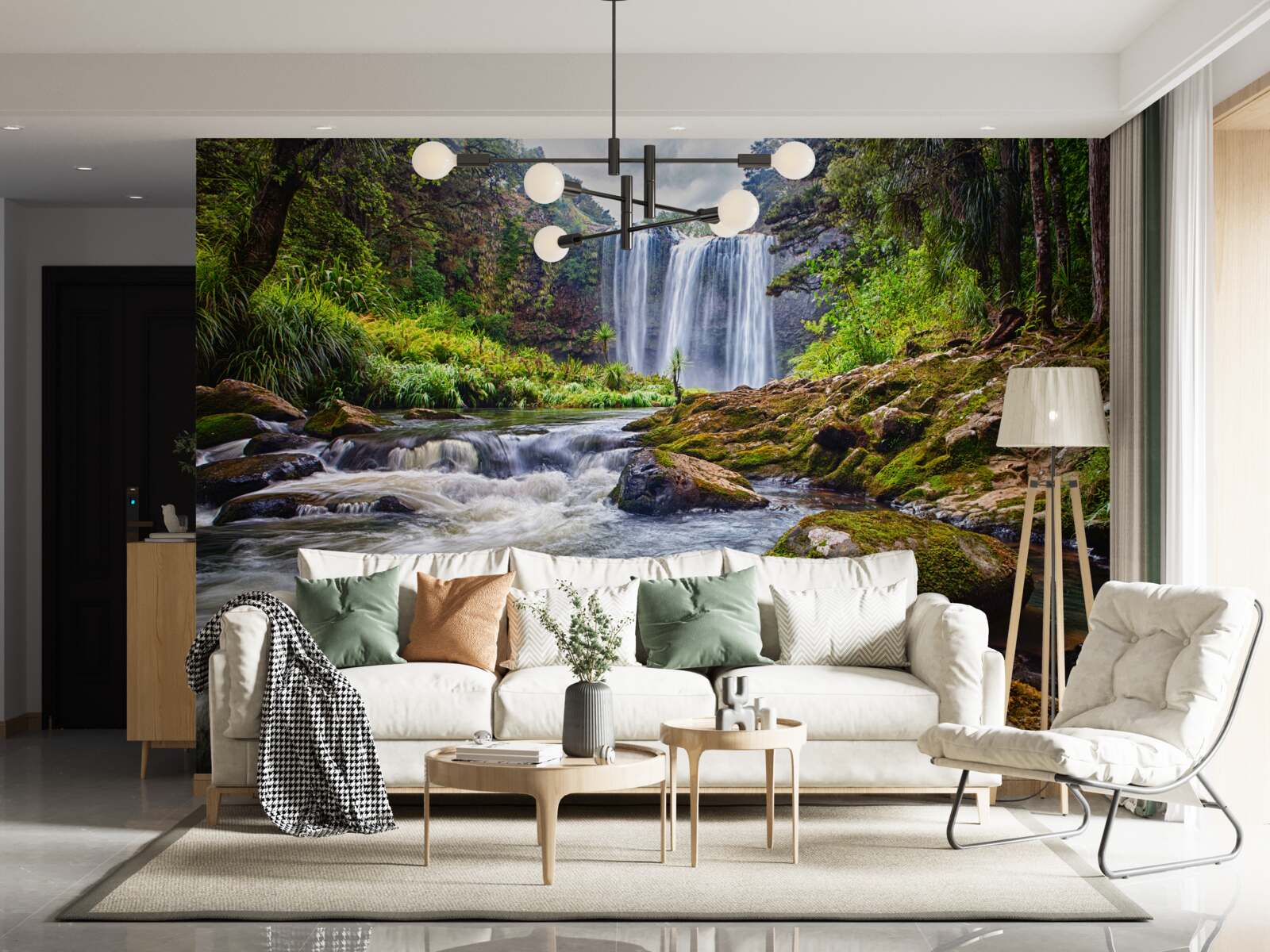 Fototapeten Grüner Wald mit Wasserfall
