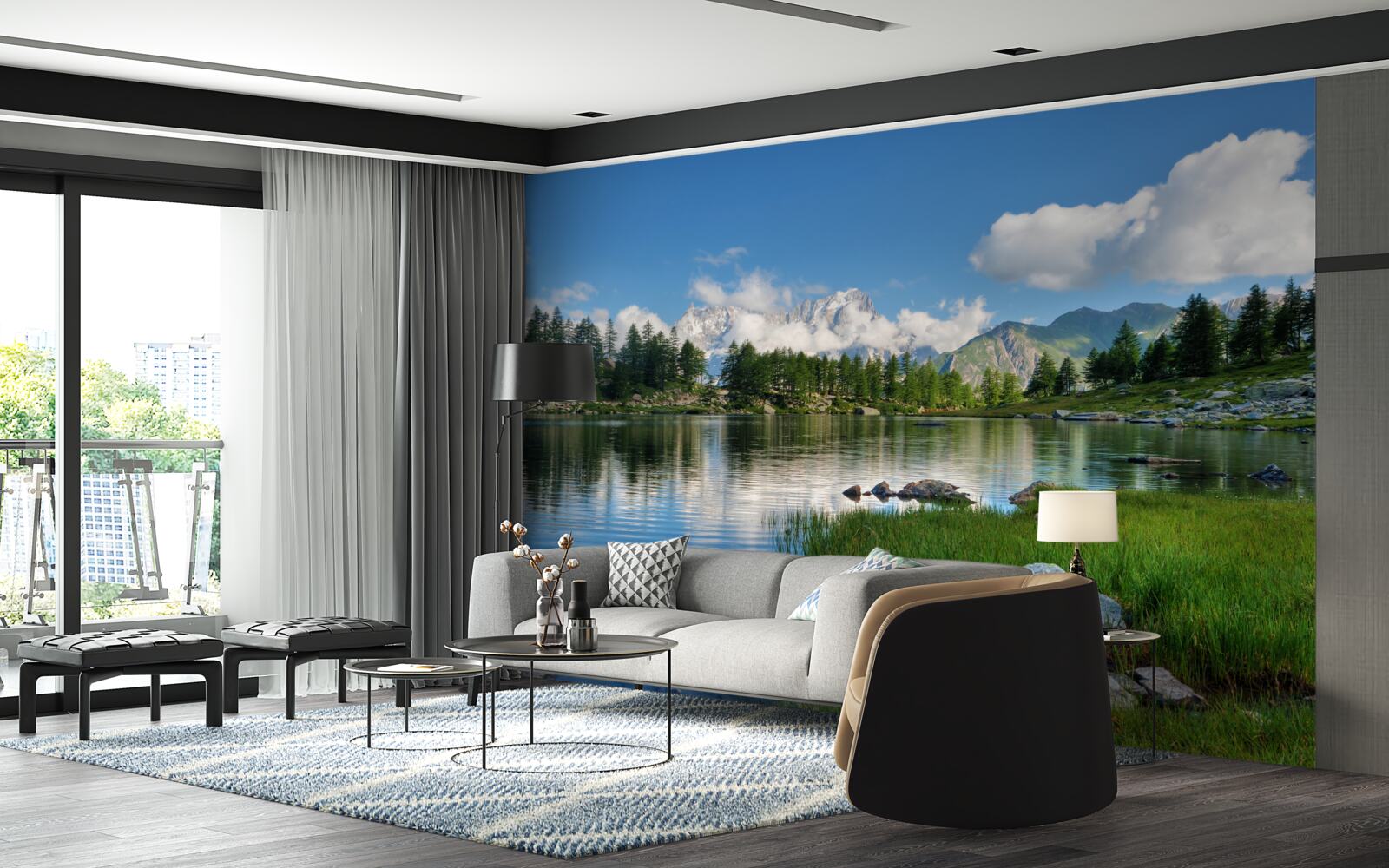 Fototapeten Blick auf den See durch die Landschaft