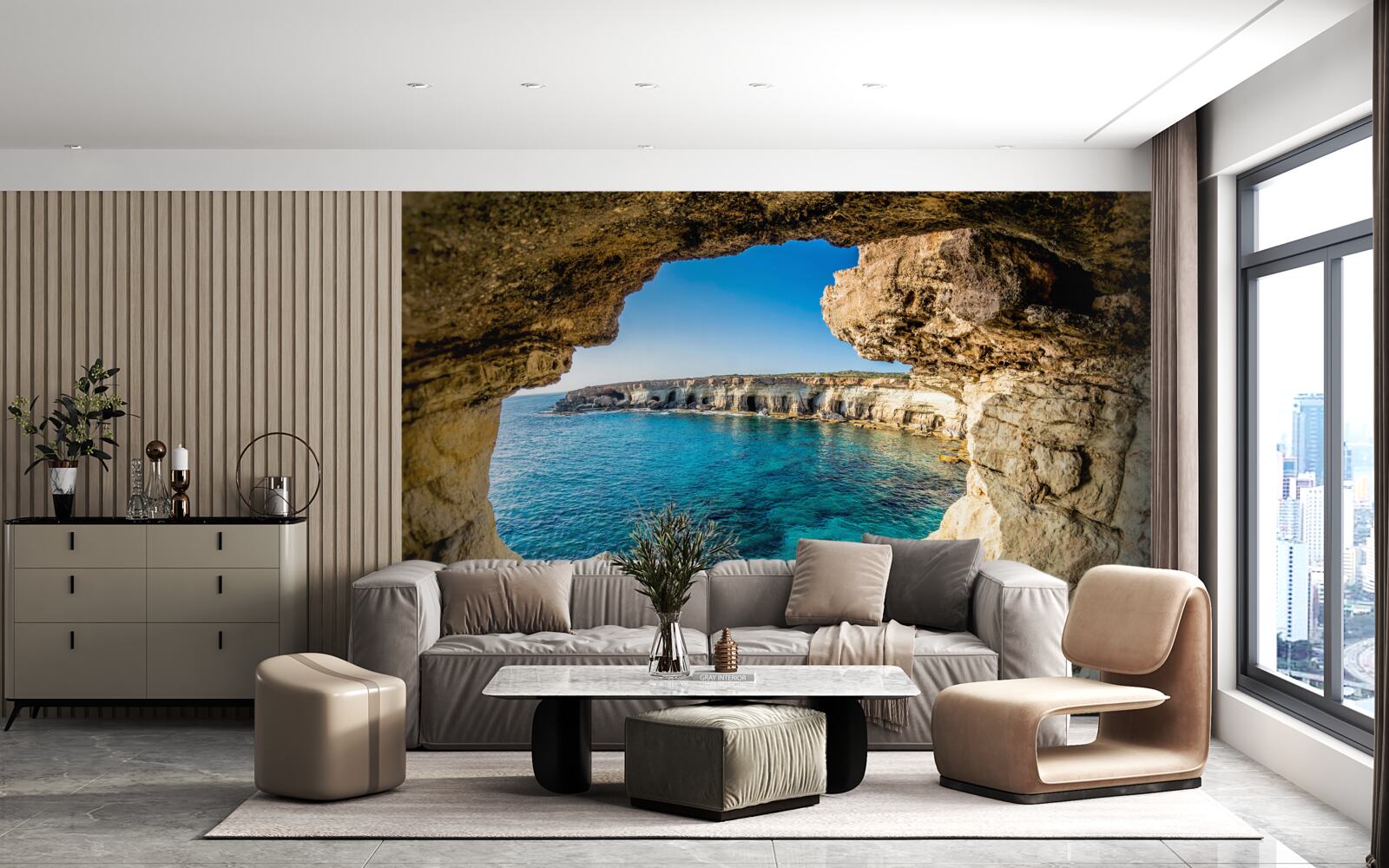 Fototapeten Grotte in der Nähe des Teiches