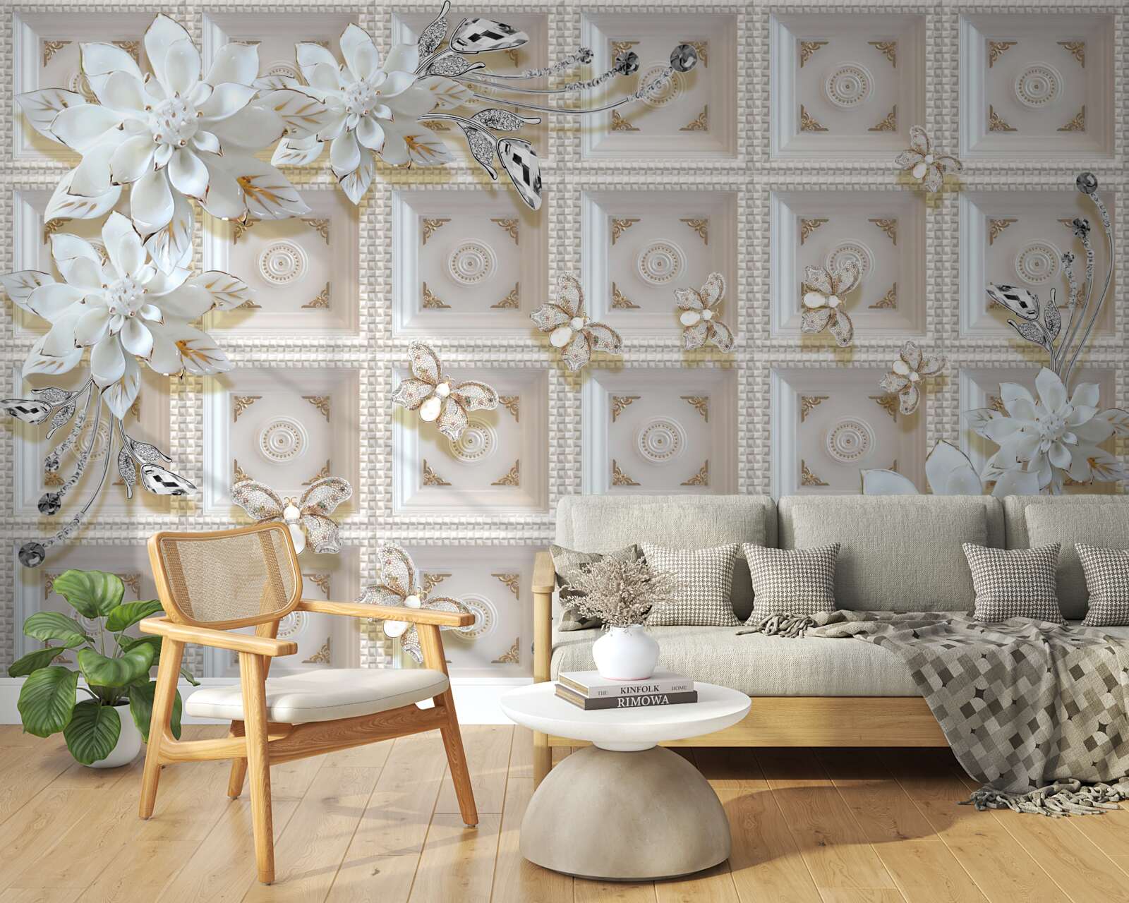 Fototapeten Weiße Blüten an der Wand Wandmalerei für die Wand