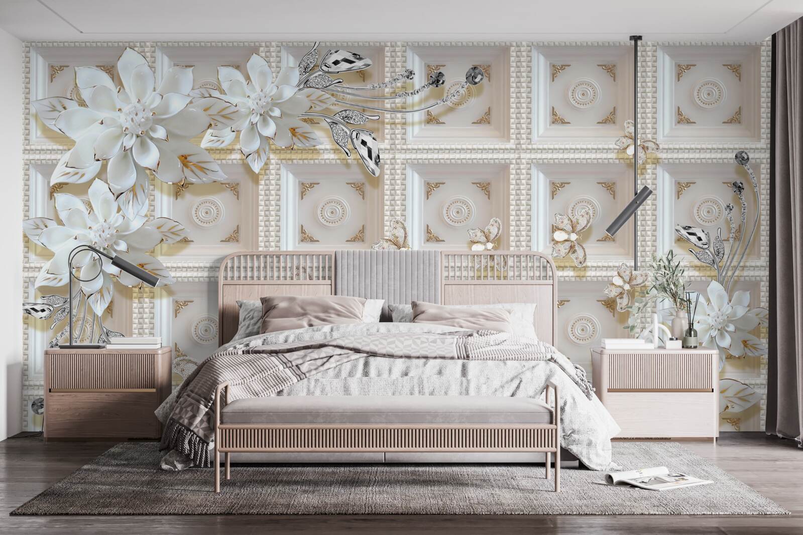 Fototapeten Weiße Blüten an der Wand Wandmalerei für die Wand