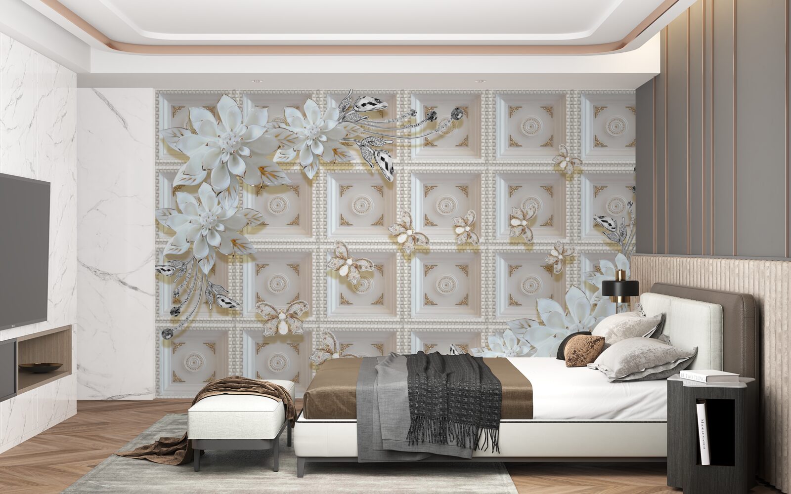Fototapeten Weiße Blüten an der Wand Wandmalerei für die Wand