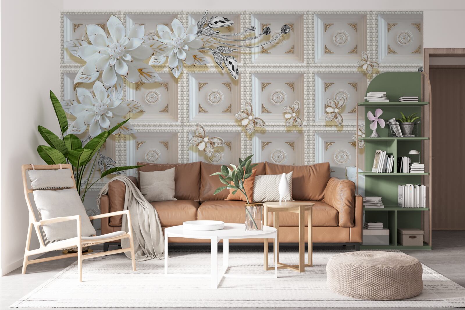 Fototapeten Weiße Blüten an der Wand Wandmalerei für die Wand