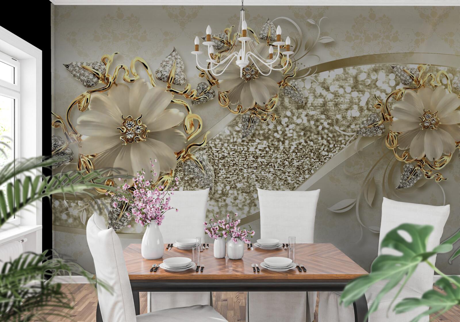 Fototapeten Blumensträuße an einer goldenen Wand