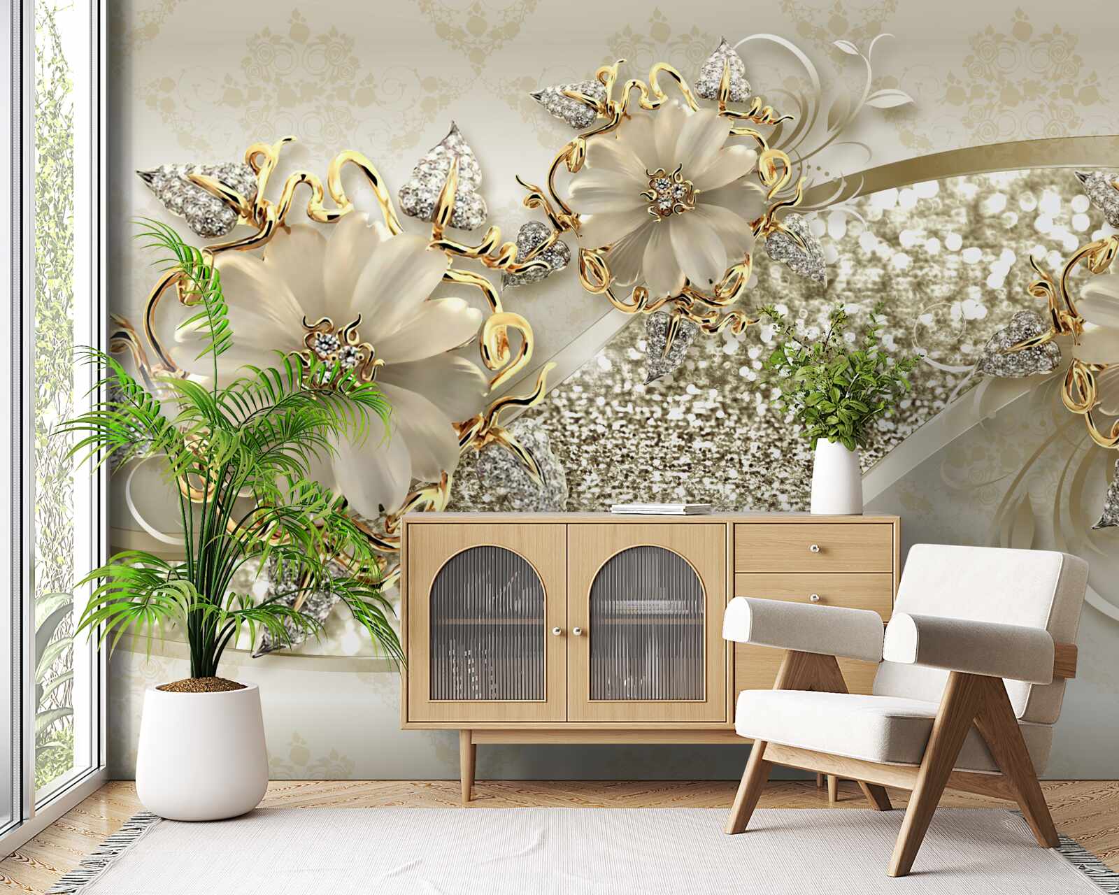 Fototapeten Blumensträuße an einer goldenen Wand