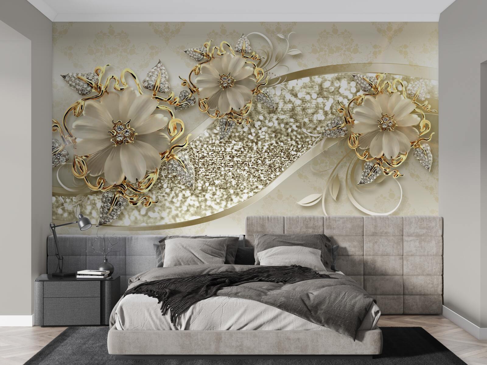 Fototapeten Blumensträuße an einer goldenen Wand