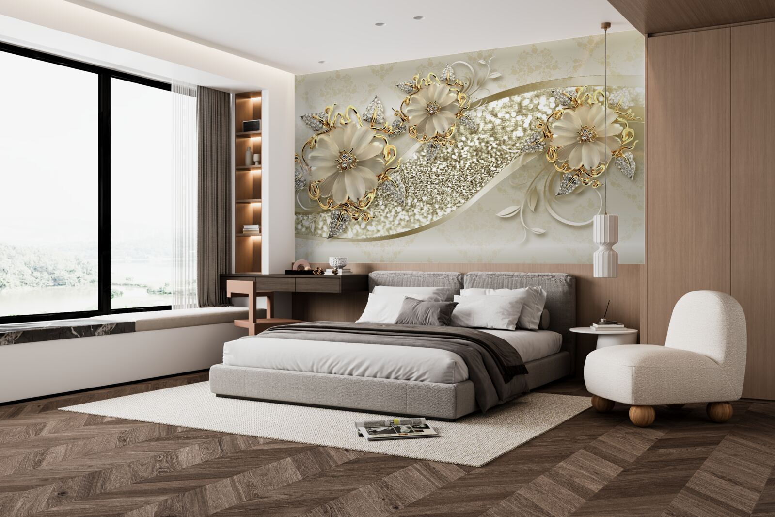 Fototapeten Blumensträuße an einer goldenen Wand