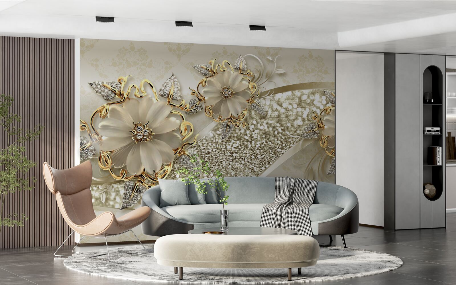 Fototapeten Blumensträuße an einer goldenen Wand