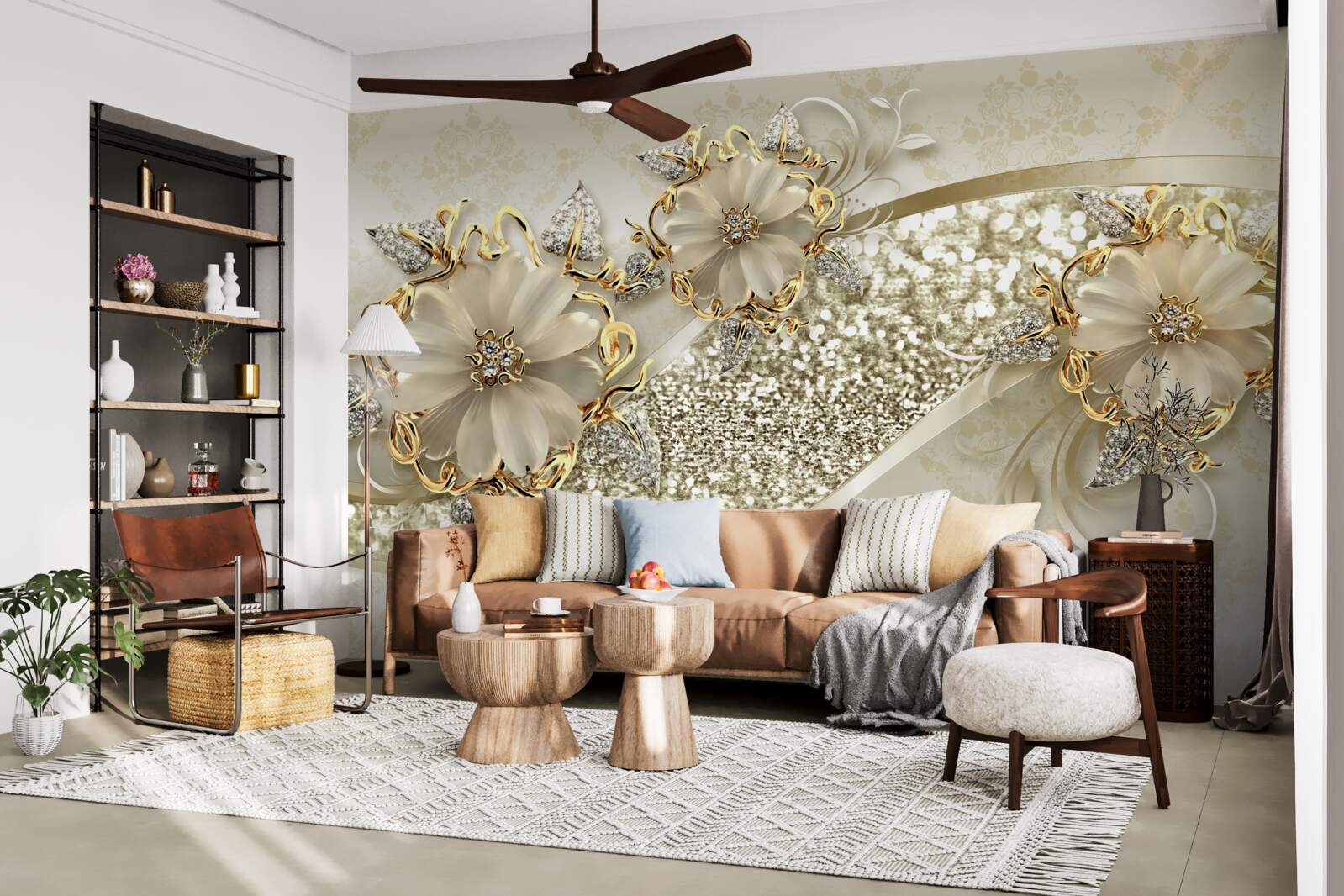 Fototapeten Blumensträuße an einer goldenen Wand