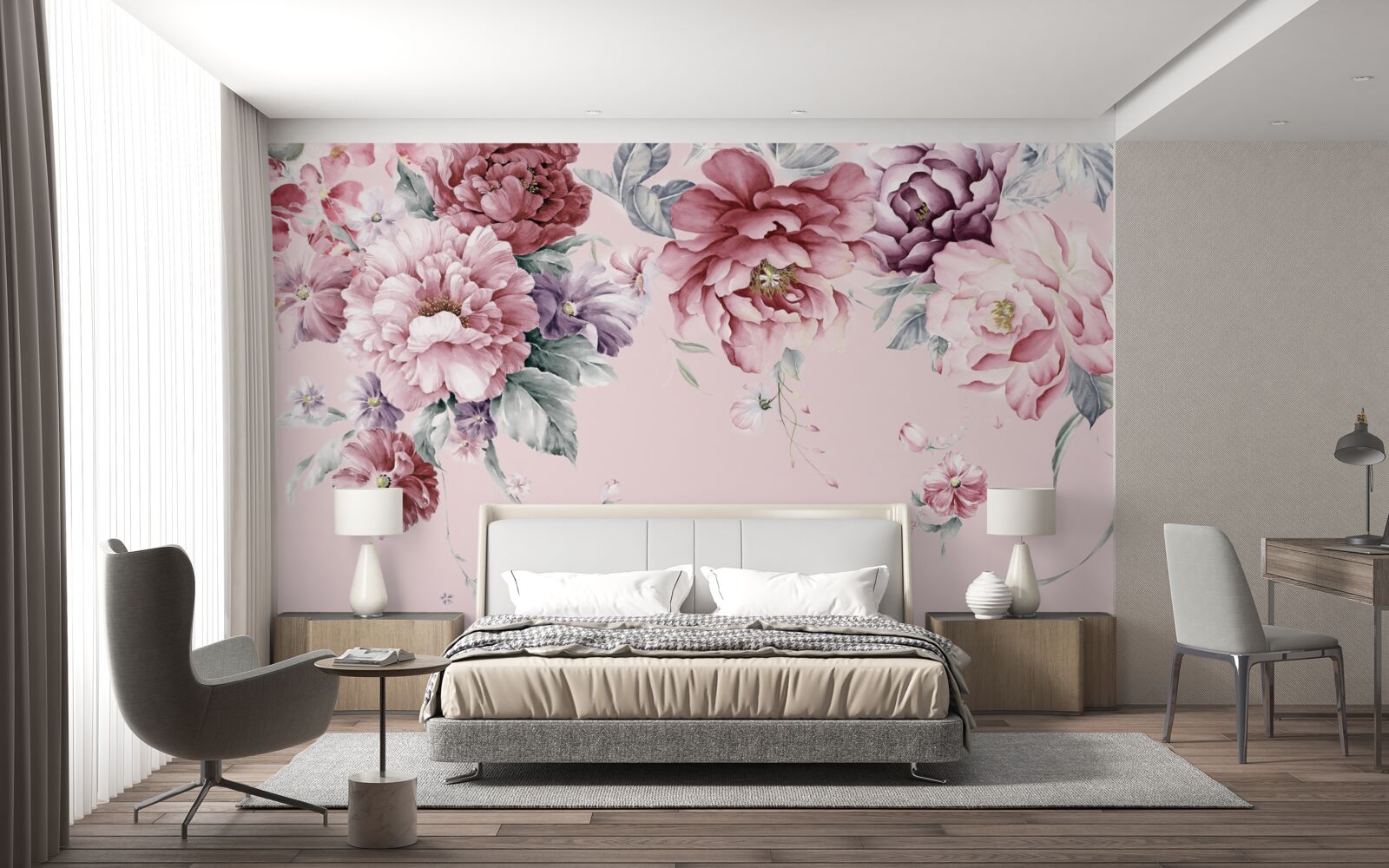 Fototapeten Das Aquarell zeigt rosa Blumen