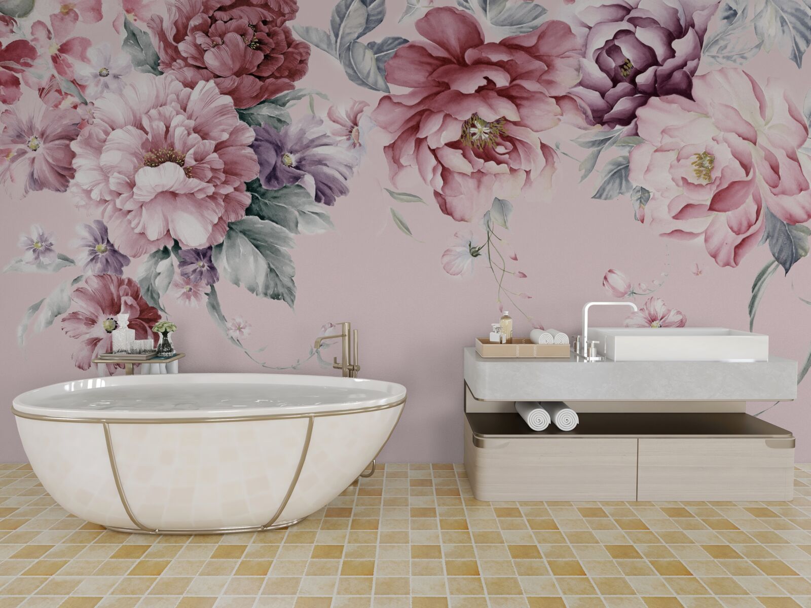 Fototapeten Das Aquarell zeigt rosa Blumen